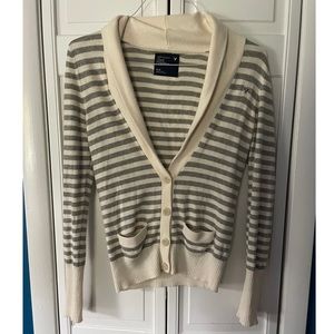 American Eagle Striped Gray and White Button Down Cardigan
